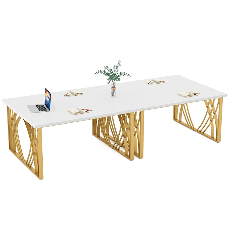 Modern Gold/White Computer Desk, 55 inch Dining Table with Gold Legs, Vanity Table, Conference Table