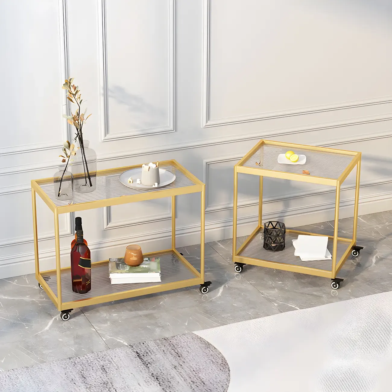 Gold Glass Rectangular Top Shelf Side Table on Wheels