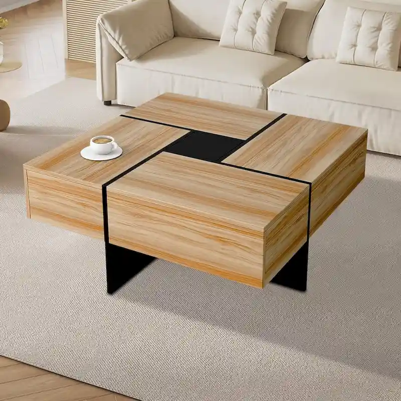 White/Brown/Black Square Coffee Table with Sliding Top & Hidden Storage, Seats 1–4