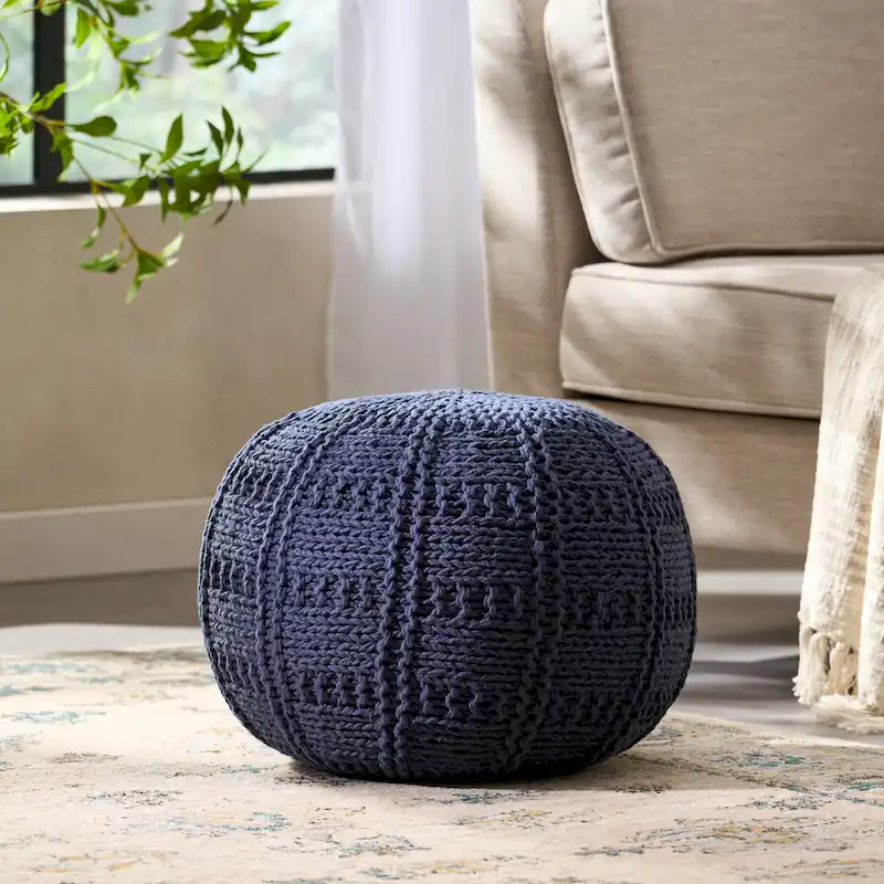 Blue / Ivory / Coral / Grey / Navy / Yellow Hand-Knit Cotton Pouf Ottoman – 1-Person Seat