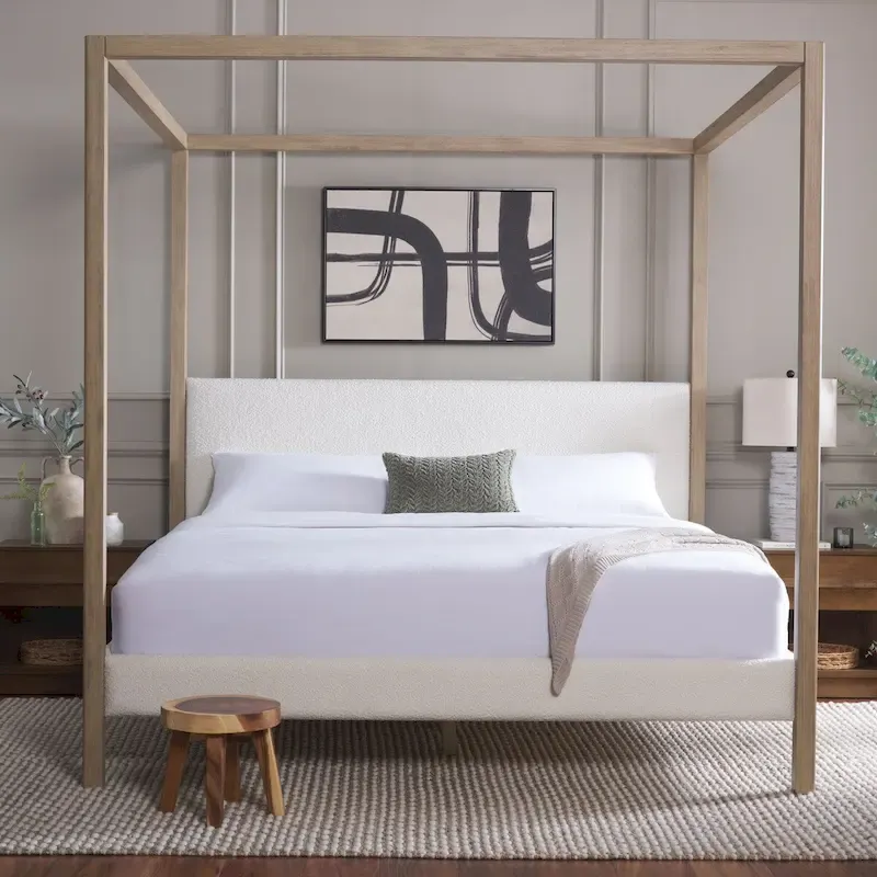 Ivory/Natural Boucle King Canopy Bed, Sleeps 2