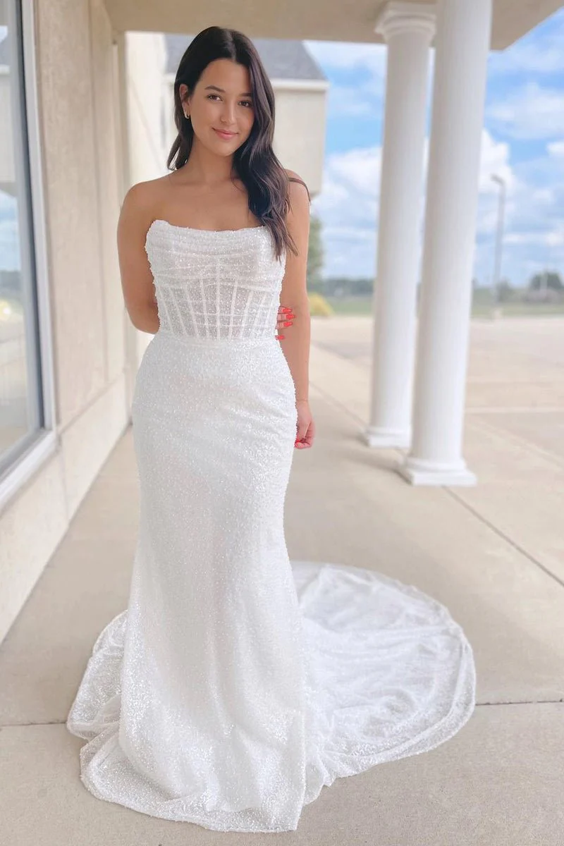 Sparkly White Sequins Mermaid Strapless Wedding Dresses