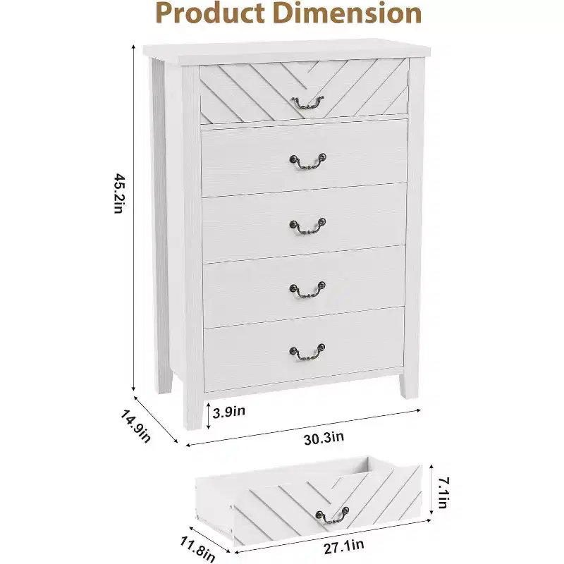 Acekool Farmhouse 5-Drawer Dresser, 45 Tall Vertical Storage Chest with Geometric Drawer Fronts for Bedroom, Closet, Entryway