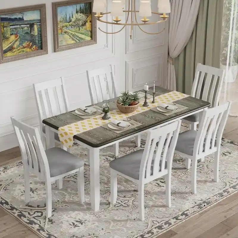Retro Style 7-Piece Dining Table Set with Extendable Table and 6 Upholstered Chairs