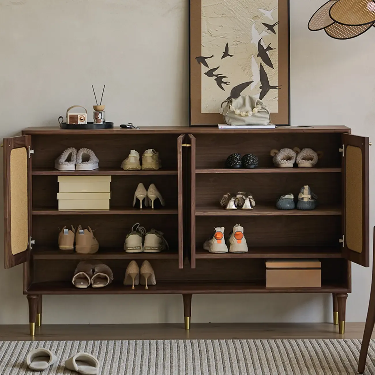 Bohemian Brown Solid Wood Entryway Shoe Cabinet