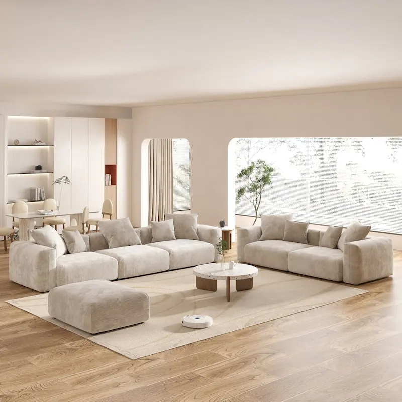 Beige / Black / Light Brown Corduroy Modular Sectional Sofa Set, Seats 3–4