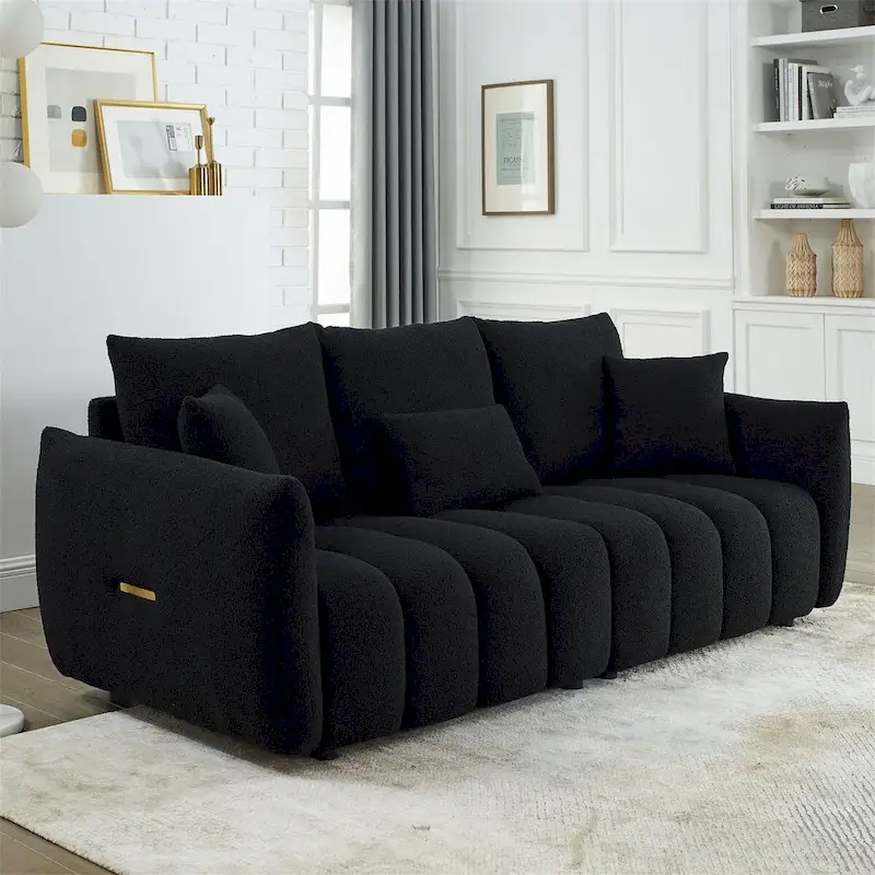 Upholstered Teddy Fabric Sofa with 3 Pillows and Solid Wood Frame