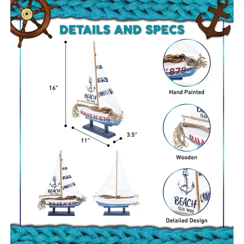 CoTa Global Ocean Blue Sailboat Decor - Large Handmade Wooden Boat - 16Lx11Wx3.5H