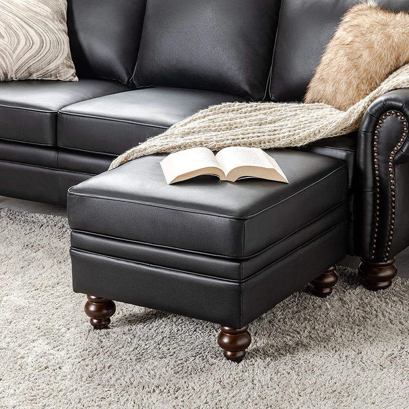 Genuine Leather Ottoman with Removable Cushion, Spring Base & Walnut Rubber Wood Legs | Black / Camel / Sage / Brown / Navy | Single