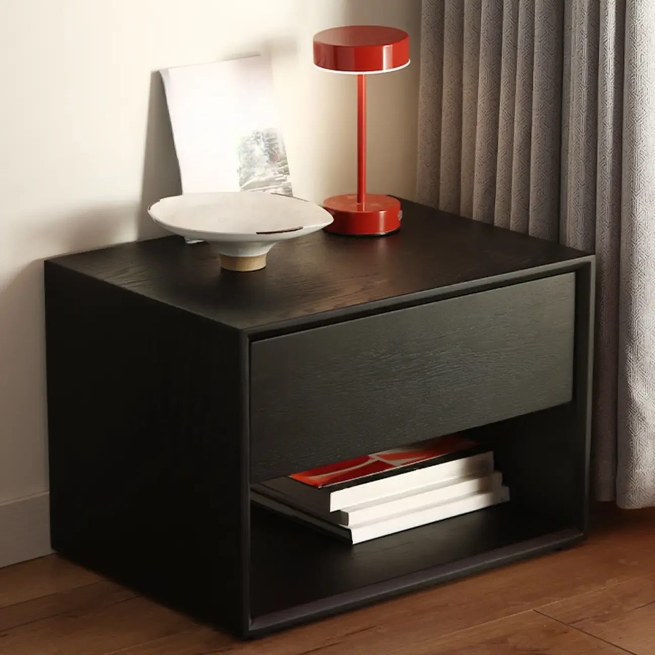 Modern Black Bedside Table with Drawer Storage