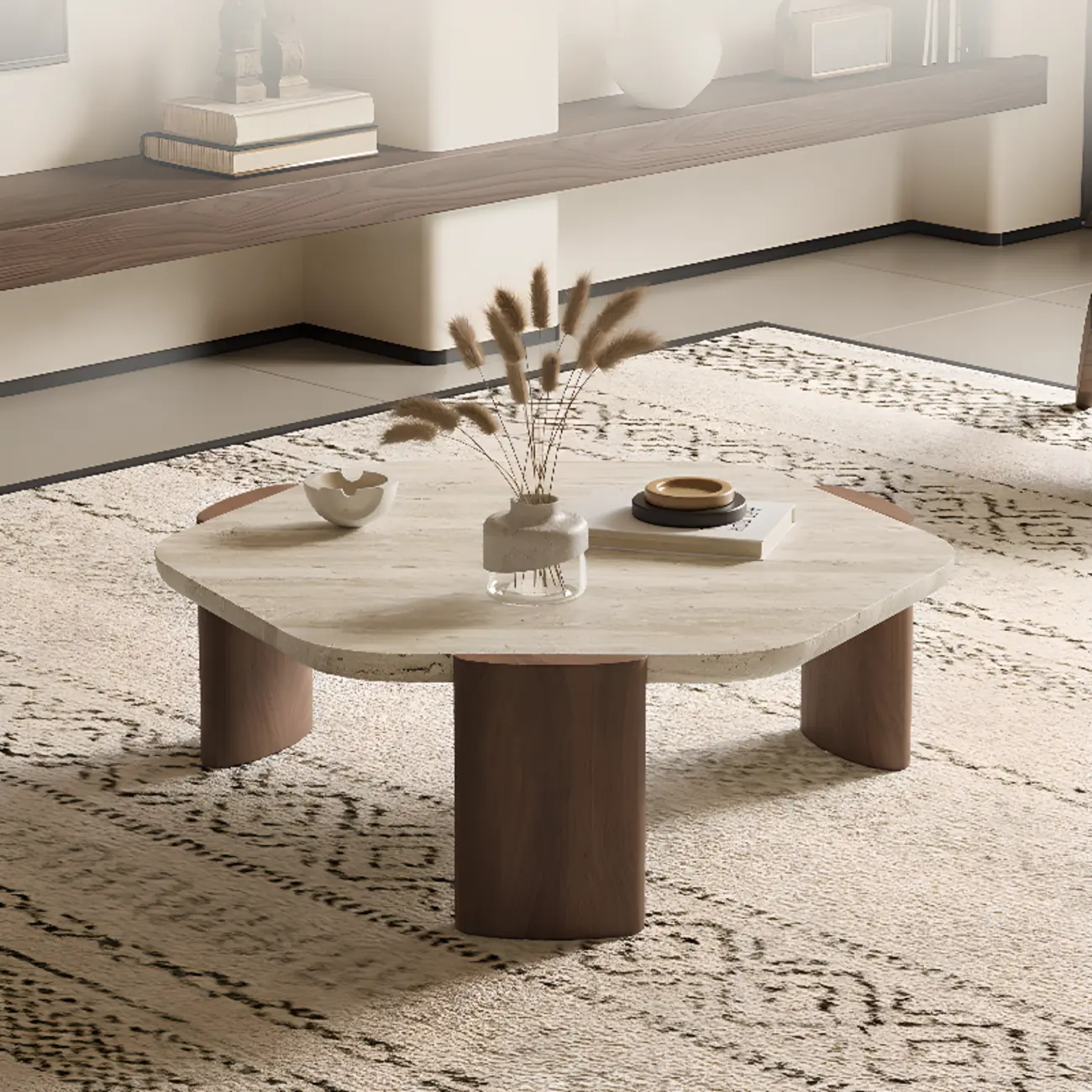 Modern Beige Travertine Top Coffee Table in Hexagon/Round