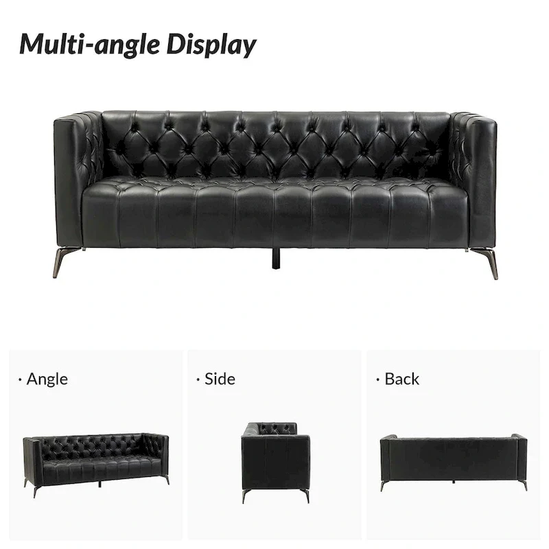 Transitional Genuine Leather Sofa with Metal Legs and Tufted Back