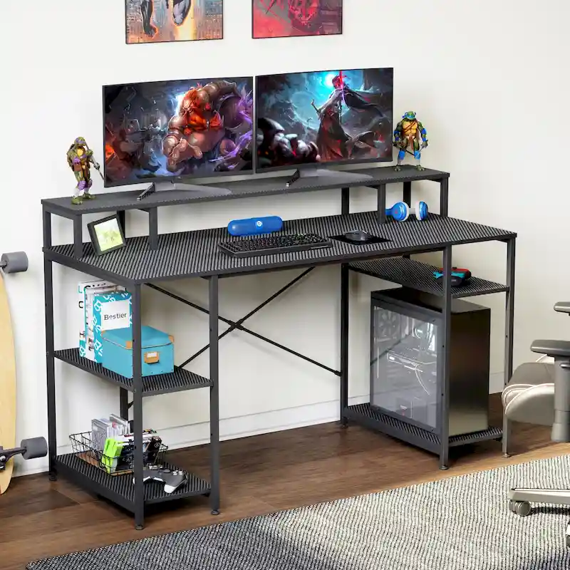 Carbon Fiber / Oak / Charcoal / Grey Computer Desk with Monitor Shelf, Dual-Monitor, 55 in