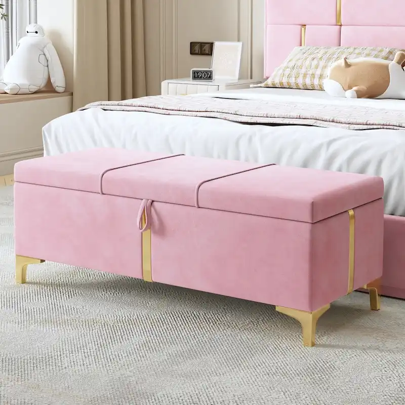 Pink / Black / Beige Tufted Storage Ottoman Bench with Metal Legs – 1 Person
