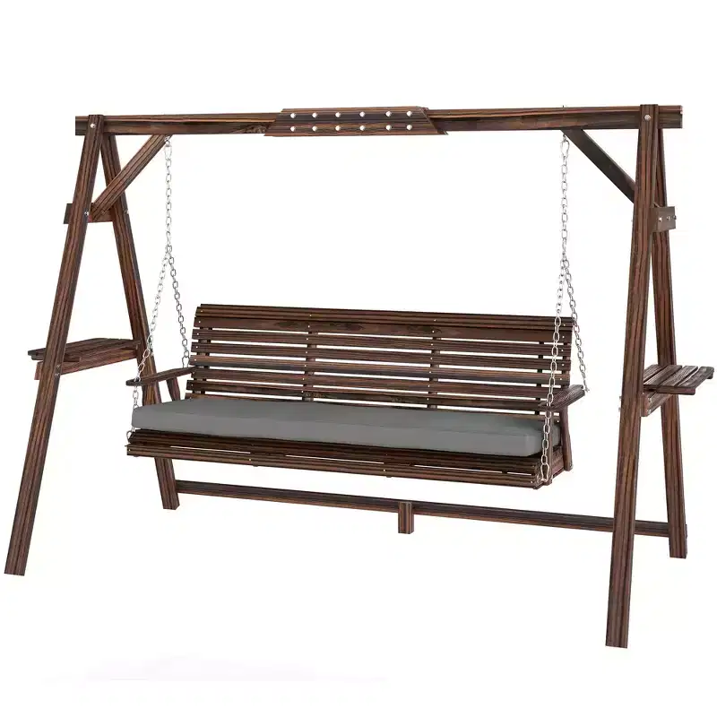 3-Seat Wooden Porch Swing with A-Frame Stand Cushion and Side Trays Carbonized Brown