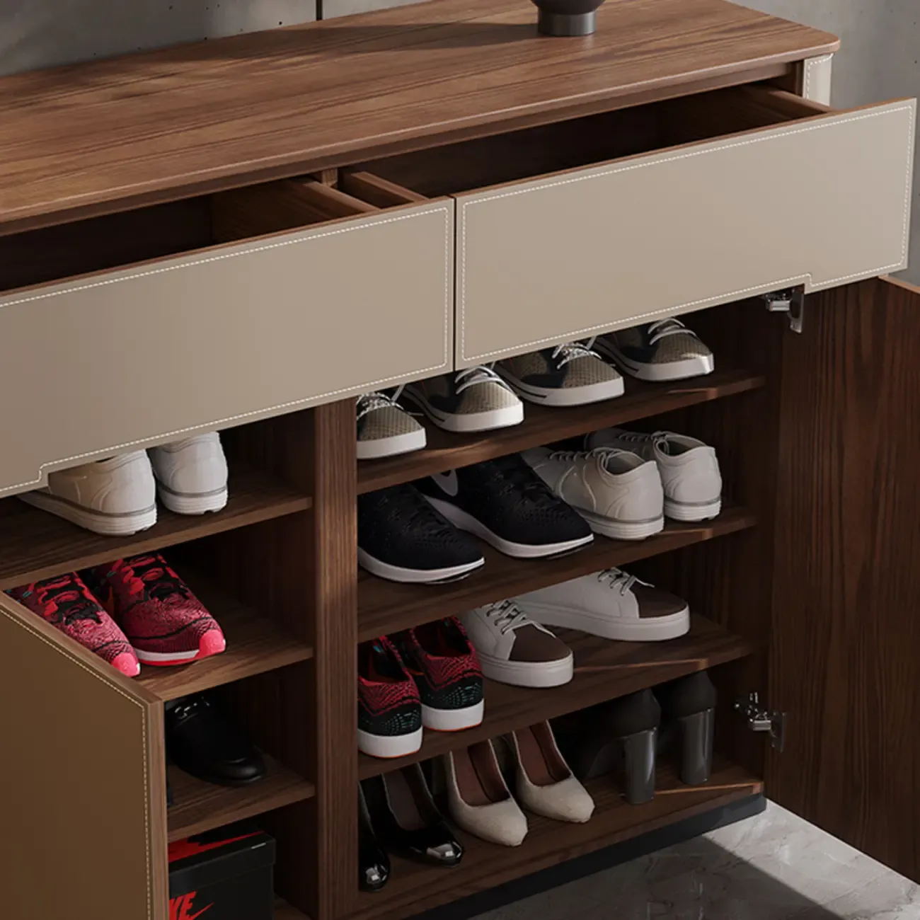 Trendy Wood Tan Entryway Shoe Cabinet with Drawers