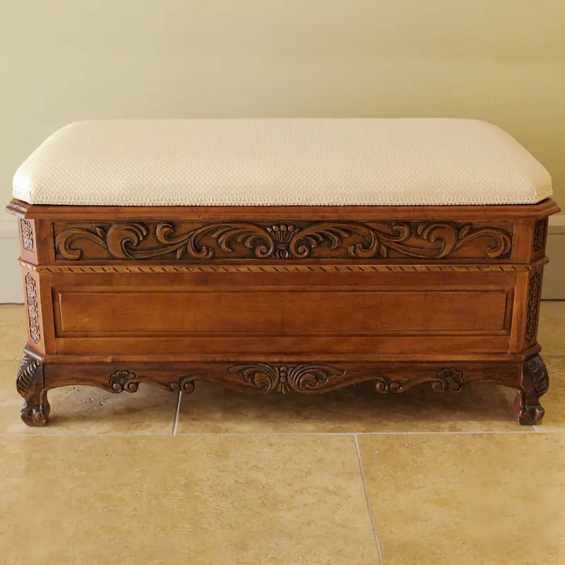 Carved Wood Storage Bench with Cushioned Seat