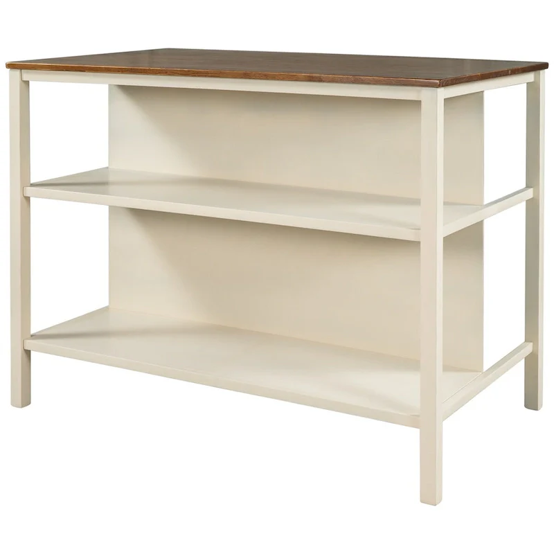 Solid Wood Rustic 45 in Kitchen Island with Butcher Block Top, 2 Shelves, Walnut and Cream White