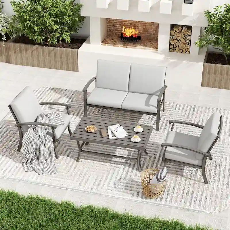 4-Person Aluminum Patio Conversation Set with Coffee Table, Loveseat and Light Gray Cushions