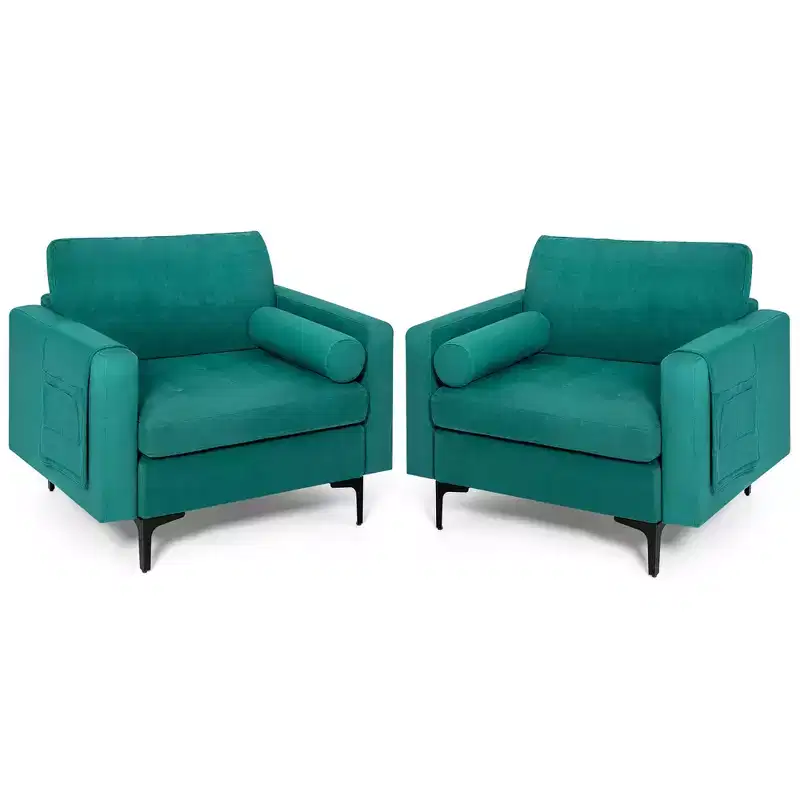 Costway Set of 2 Accent Armchair Single Sofa w/ Bolster Side Storage Pocket Teal