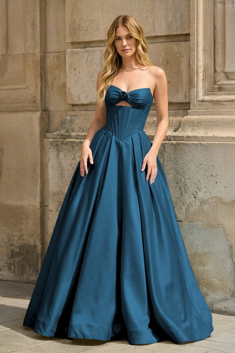 Pink Strapless A Line Pleated Satin Long Prom Dresses With Flower