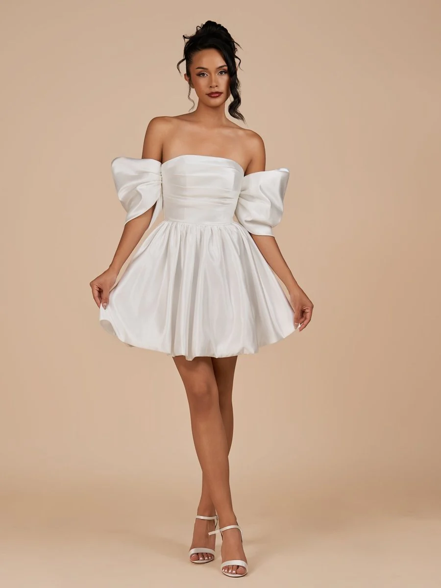 Ivory - A Line Satin Strapless Puffed Sleeves Short Homecoming Dresses