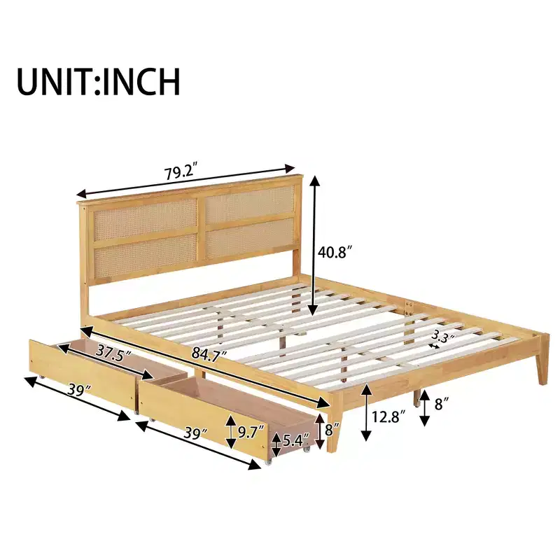 Bellemave King Wood Bed Frame with Rattan Headboard, 2 Storage Drawers, Heavy-Duty Support Slats & Reinforced Feet, White Oak