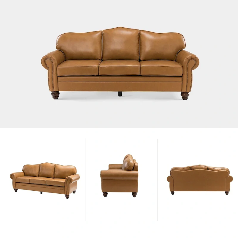 Balvino 81 Wide Transitional Genuine Leather Rolled Arm Sofa with Nailhead Trim and Removable Cushions