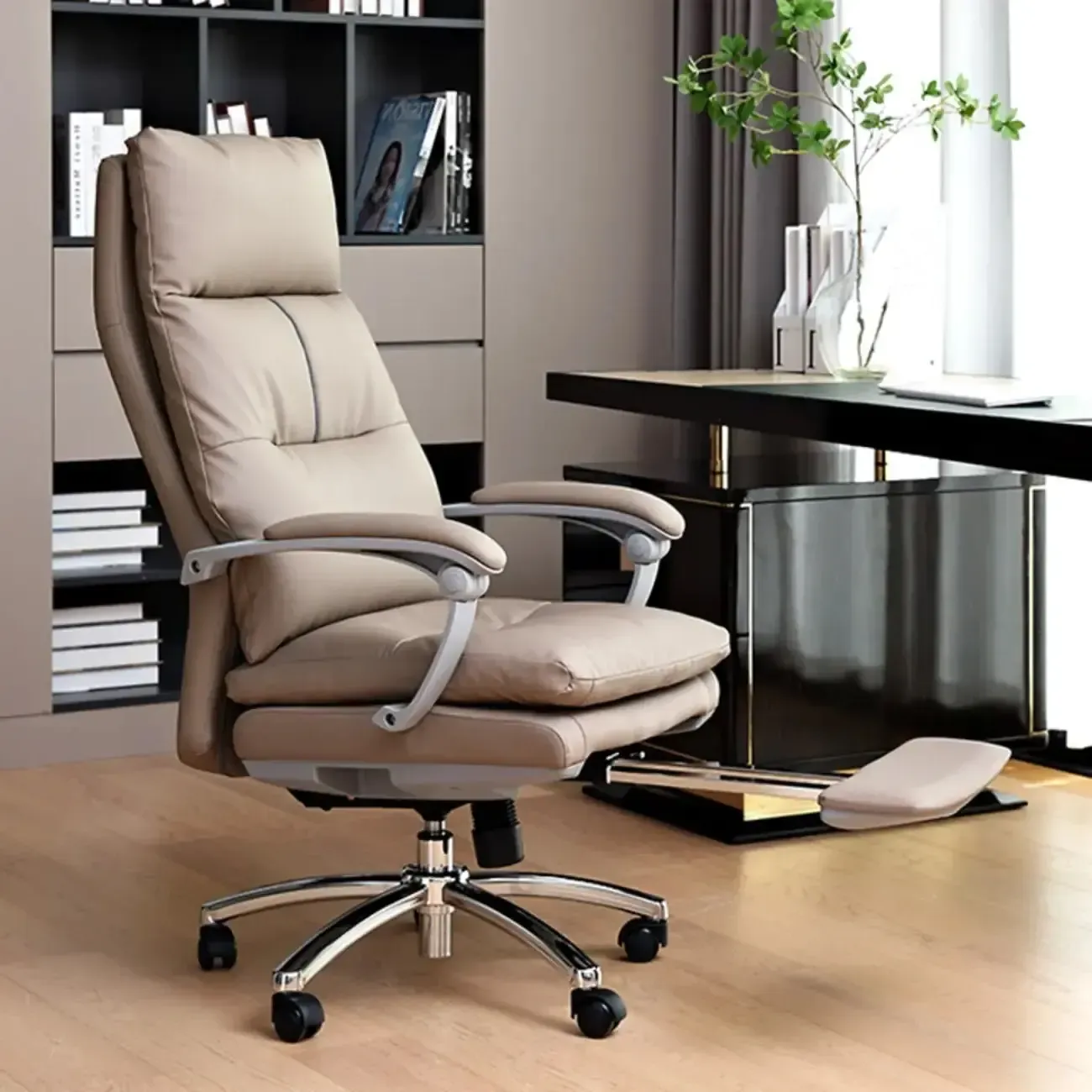 Upholstered Brown Leather Adjustable Swivel Office Chair