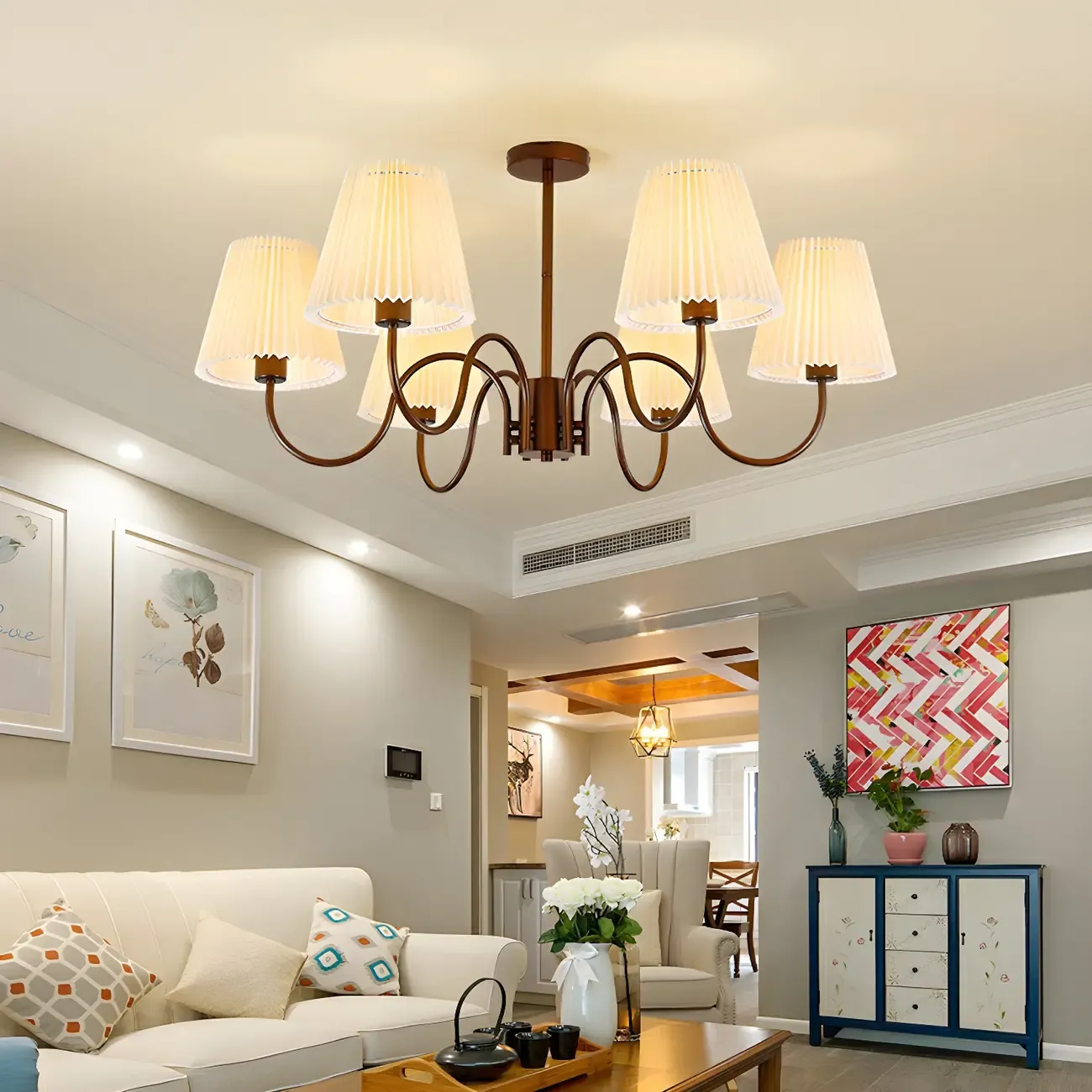 Vintage Metal Chandelier with Fabric Shades for Living Room