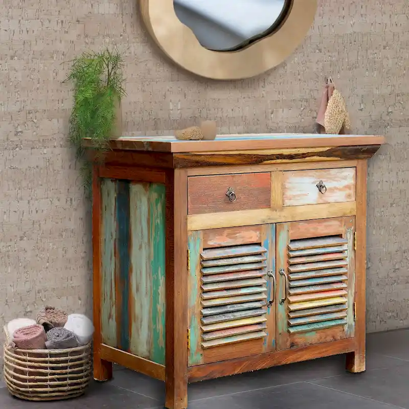 Recycled Teak Wood Louvered Linen Cabinet with 2 Doors and 2 Drawers
