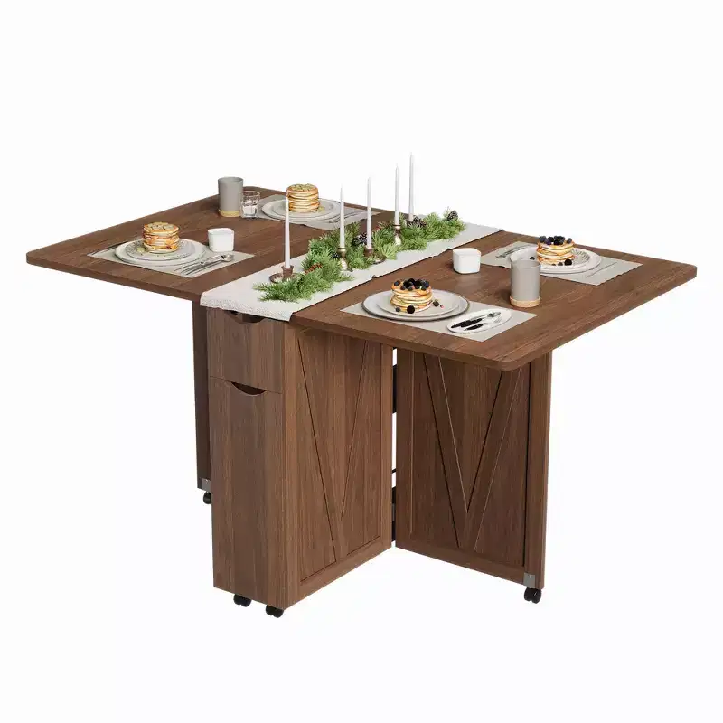 Wood Folding Dining Table with 6 Wheels, Drop Leaf Table with Drawer & Storage Shelf for Kitchen and Dining Room