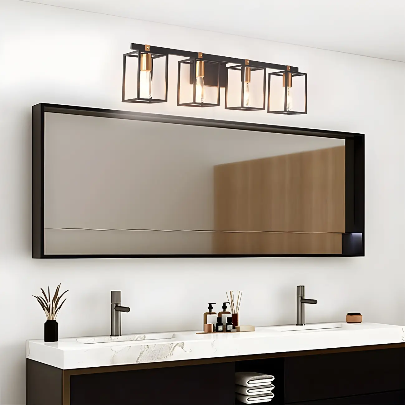 3-Light Linear Cube Black Iron Caged Vanity Light