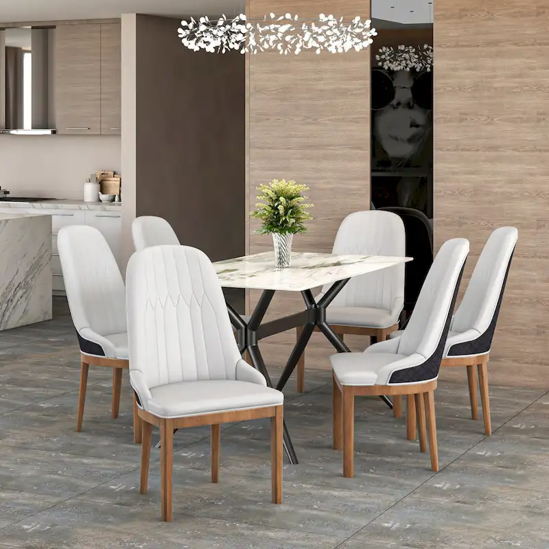 Leather Dining Chair with Rubberwood Legs Side Charis Sleek Diamond Stitching Back