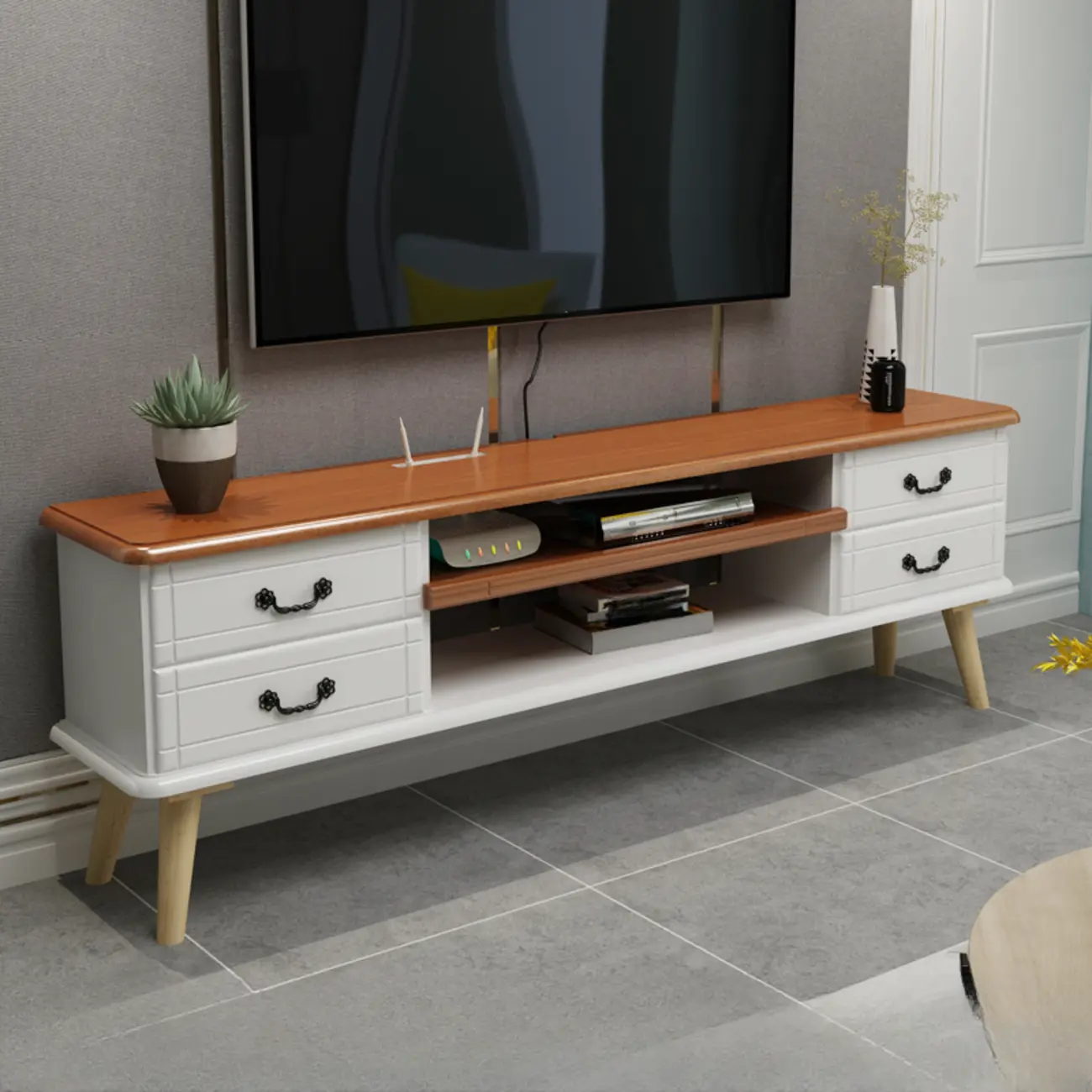 Living Room Wood Brown-White Cable Management TV Stand