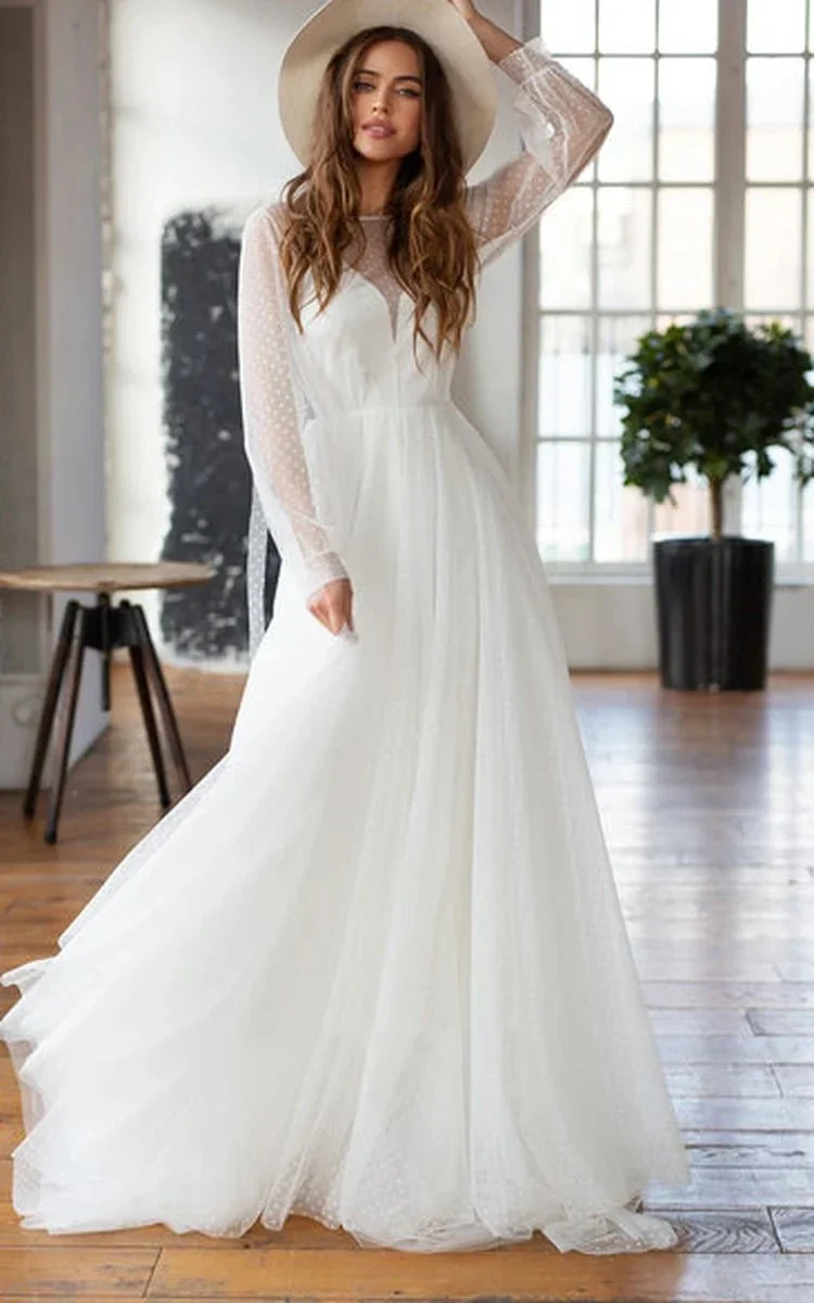 Elegant A Line Chiffon Bateau Long Sleeve Wedding Dress with Beading