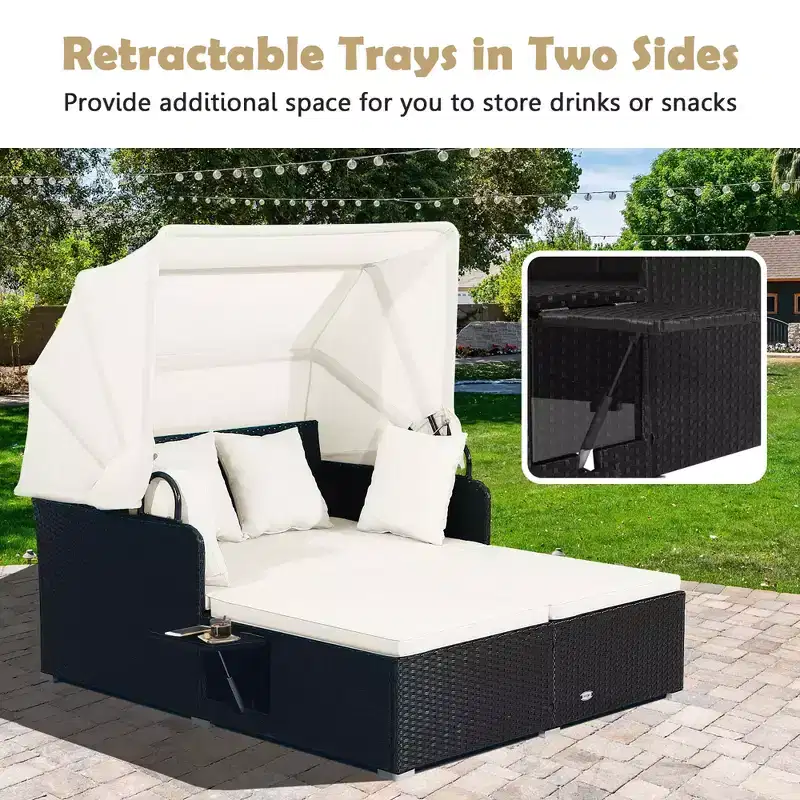 Costway Patio Rattan Daybed Lounge Retractable Top Canopy Side Tables Cushions Off White/Red/Turquoise/Beige