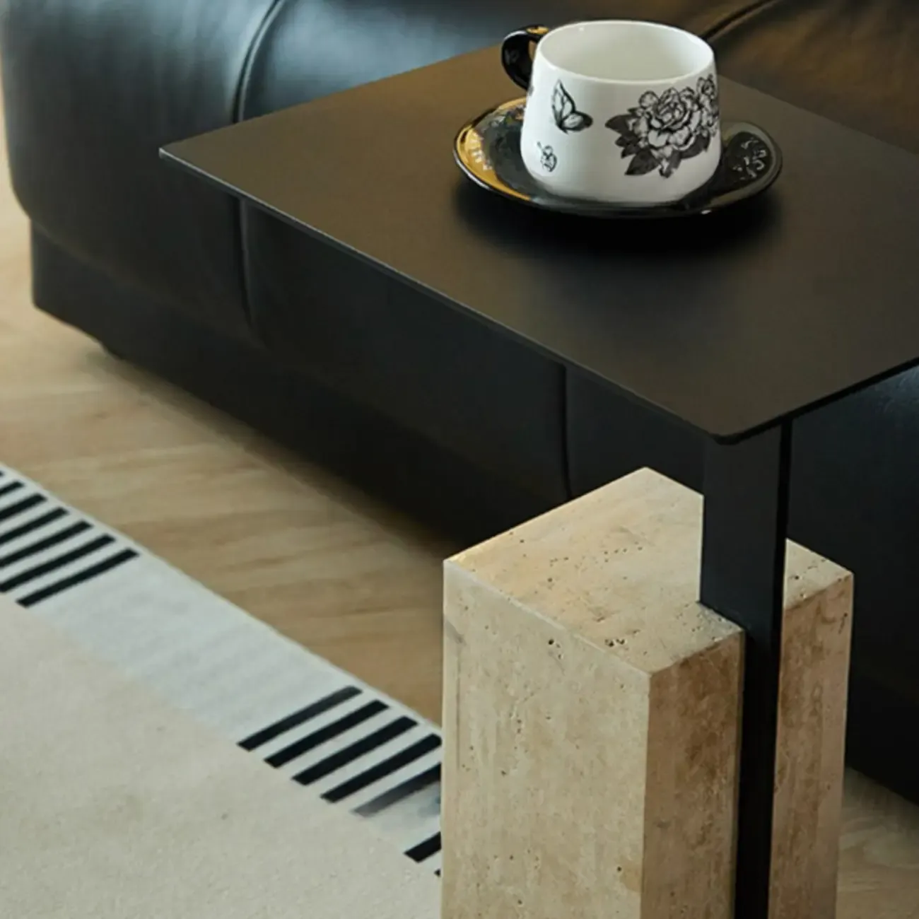 Modish Travertine Pedestal Metal Square Side Table