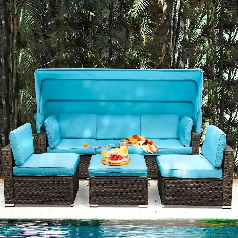 Moasis Blue 6-piece Wicker Patio Furniture Set - 82.28L x 53.54W x 56.7H