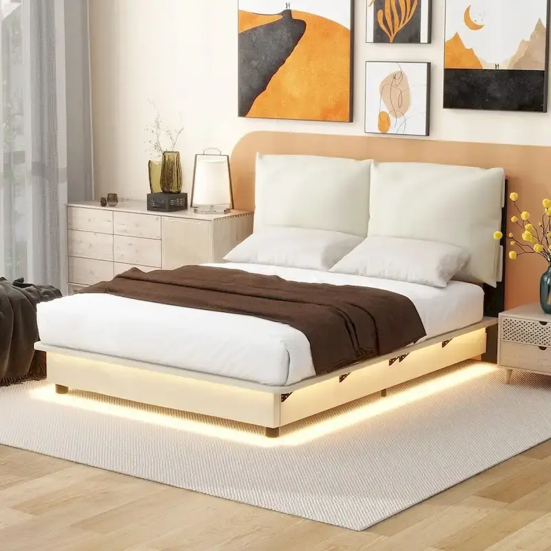 Black/White Upholstered Platform Bed with Sensor Light, Full/Queen, For 1-2 People