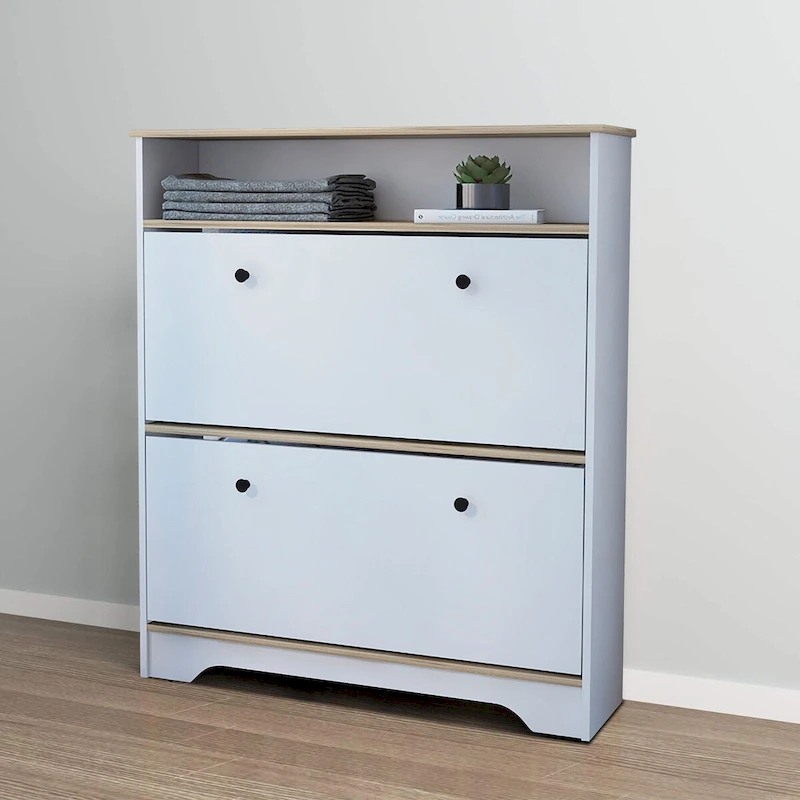 Wooden Shoe Storage Cabinet with 2 Flip Drawers and a Top Shelf
