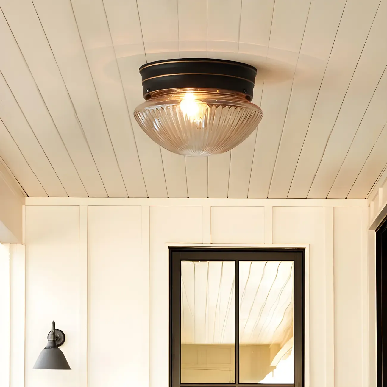 Classic Bronze Amber Ribbed Glass LED Flush Mount Ceiling Light