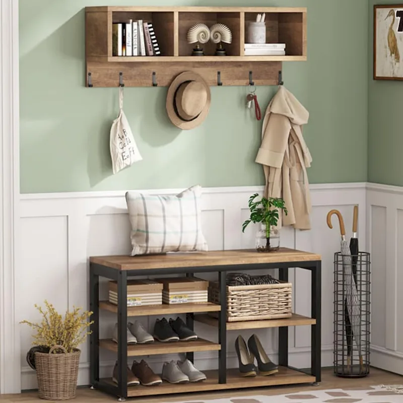 Hall Tree with 7 Hooks, Entryway bench with coat rack