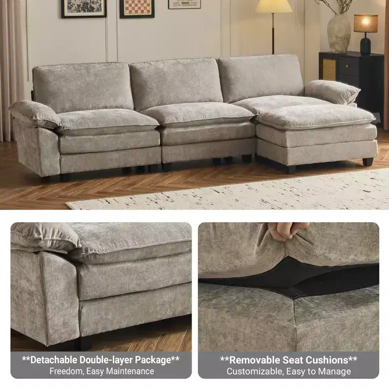 Karl Home |120 in. W Pillow Top Arm Double-layer Cushion Chenille Sofa in Brown With Ottoman