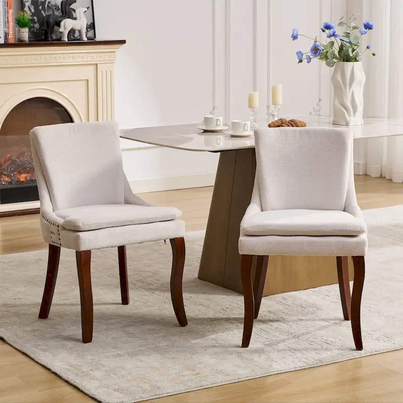 Double-layer Cushioned Dining Chairs Set of 2 Chenille Mid-Back Chair with Nailhead Trim Side Chair with Bent Wood Legs