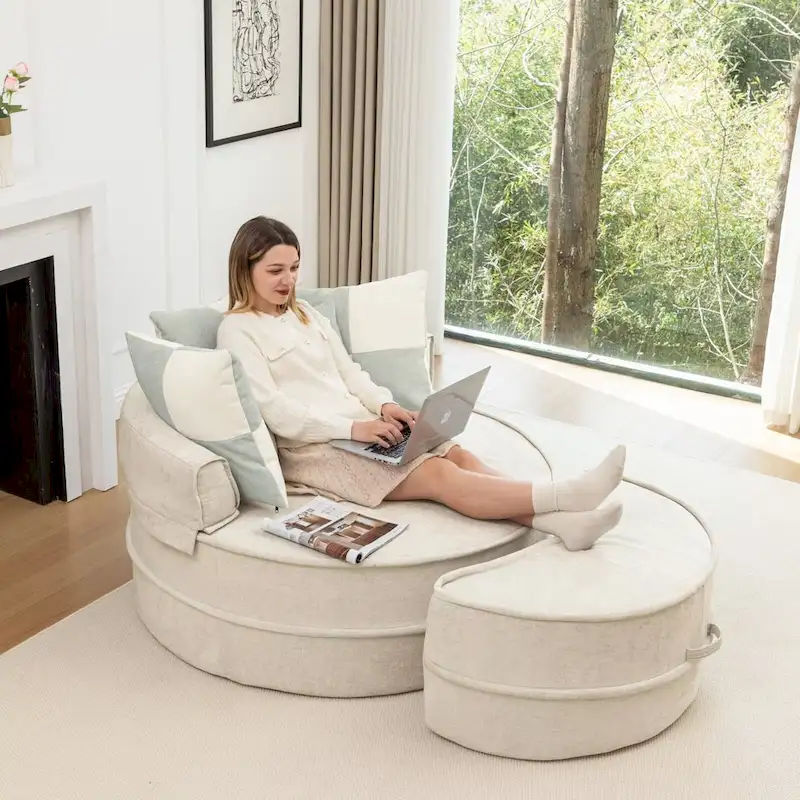 Modern Round Barrel Accent Chair with Ottoman - Velvet Lounge Sofa