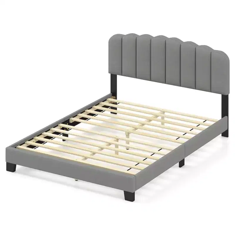 Costway Queen Size Bed Frame Linen Upholstered Platform Bed with Wooden Slat Support
