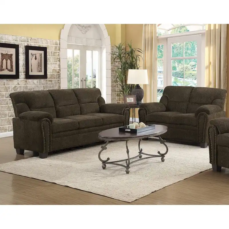 Brown Upholstered Living Room with Nailhead Trim – Transitional Style