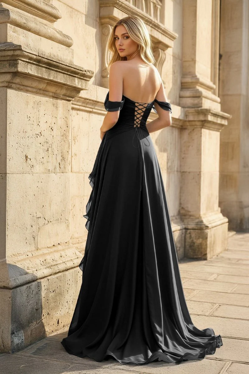 Peacock Off The Shoulder A Line Chiffon Pleated Long Prom Dresses With Slit
