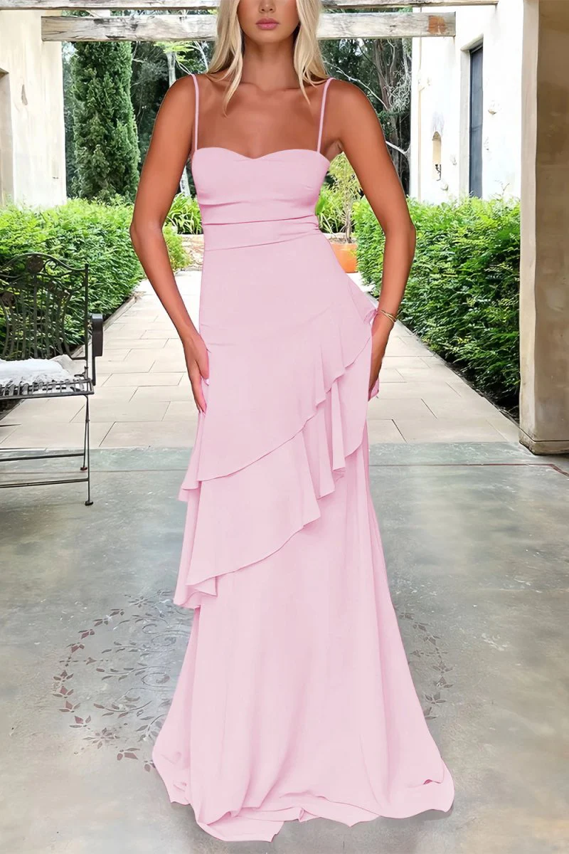 Red - Sheath Spaghetti Straps Chiffon Long Prom Dresses with Ruffles